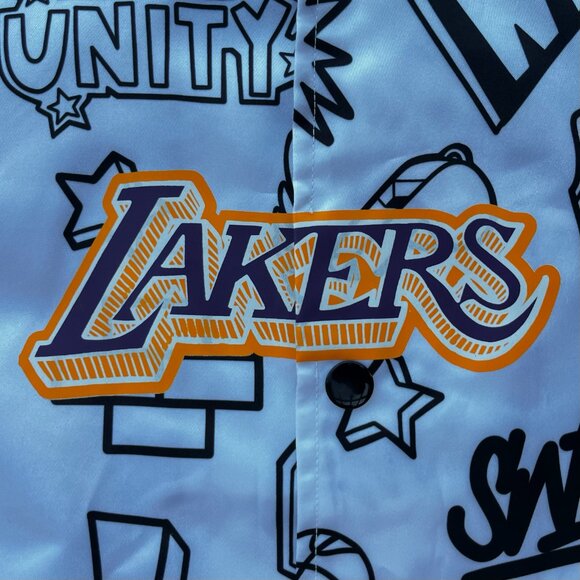MITCHELL & NESS LAKERS GRAPHIC DOODLE SATIN BOMBER JACKET Women’s sz M White - Picture 4 of 13